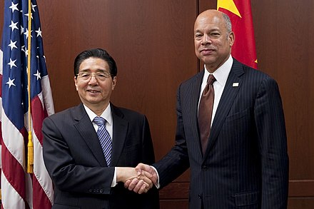 Guo meets with U.S. Secretary of Homeland Security Jeh Johnson at the third U.S.-China High-Level Joint Dialogue on Cybercrime and Related Issues on Dec. 7, 2016, in Washington, D.C.
