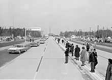 Opening of Mackinac Bridge Traffic at opening of Mackinac Bridge, November 1, 1957.jpg