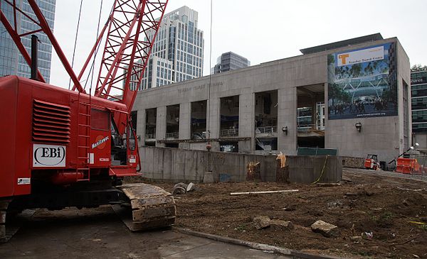 Transbay Terminal facade in December 2010, with crane-mounted wrecking ball in foreground