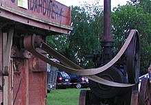 The drive belt: used to transfer power from the engine's flywheel. Here shown driving a threshing machine. Transmissionsriemen.jpg