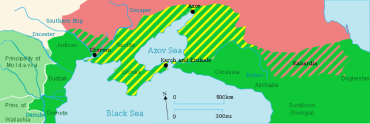 Modifications territoriales issues du traité : en rose la Russie, en jaune le khanat de Crimée, en vert l'Empire ottoman (États chrétiens vassaux en vert pâle).