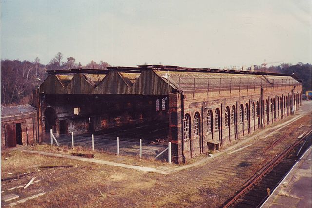 Derelict locomotive shed, c. 1986