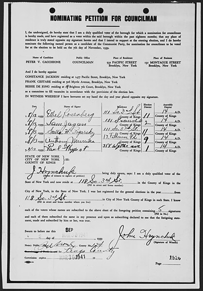 File:U.S. vs. Julius & Ethel Rosenberg and Martin Sobell, Government Exhibit 31, Nominating Petition for Councilman - NARA - 278772.jpg