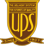 Versions of the UPS shield logo (left to right), the 1916 eagle logo, the c. 1937 logo, Paul Rand's 1961 version, and the modern 2003 rendering