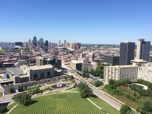 Union Station and the skyline are viewed from atop the Liberty Memorial. View from top of Liberty Memorial.jpg