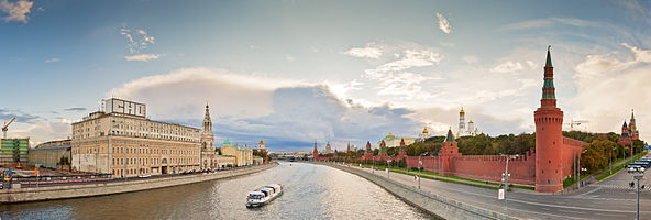 Moskva River in Moscow, with the bell tower of St. Sophia Church at the left, and the Kremlin at the right.