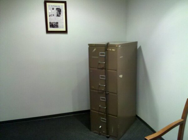 The DNC filing cabinet in the Watergate office building damaged by the burglars