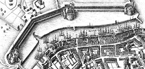Aerial depiction of the North Blockhouse (left), castle (centre) and South Blockhouse (right), by Wenceslas Hollar, mid-17th century Wenceslas Hollar - Hull defences, detail.jpg