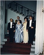 President Habib Bourguiba of Tunisia and President John F. Kennedy with their wives and General Chester Victor Clifton Jr. at the state dinner in 1961. White House Dinner in honor of President of Tunisia. President Habib Bourguiba, Mrs. Bourguiba, Mrs. Kennedy... - NARA - 194199.jpg