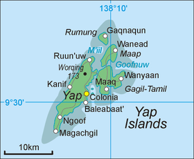 As ilhas Yap localizadas no Oceano Pacífico. Extensão territorial de 100,2 km2. A população em 2003 era de 6.300 habitantes.