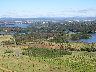 view of Yarramundi Reach with the National Arboretum Canberra in the foreground Yarramundi reach.JPG