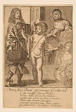 Gravure représentant une femme nue d'un certain âge à côté d'un portrait d'elle plus jeune. Elle tient dans une main une rose et dans l'autre un gratte-cul (Cynorhodon). Elle est entourée d'un homme en costume noble et d'une vieille dame.