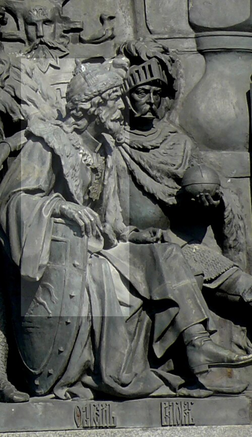 Algirdas (left) on the Millennium of Russia monument in Veliky Novgorod