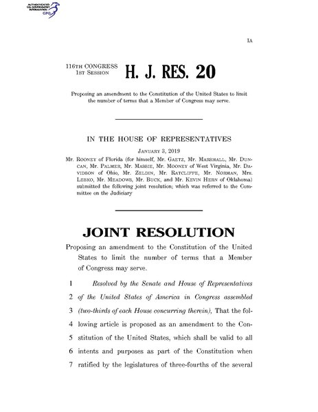 File:116th United States Congress H.J.Res. 020 (1st session) - Proposing an amendment to the Constitution of the United States to limit the number of terms that a Member of Congress may serve.pdf