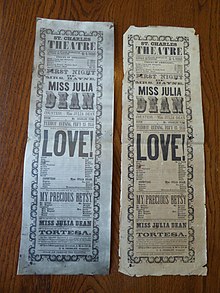 1855 playbill for Love! a play in five acts, St. Charles Theatre New Orleans Louisiana.