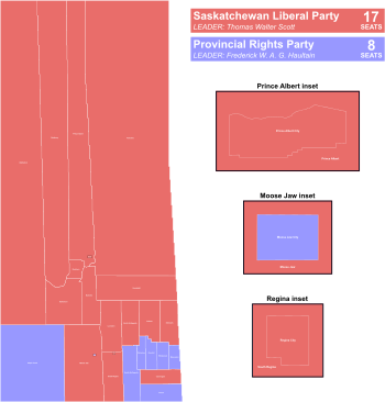 1905 Saskatchewan general election - Results by riding (simple).svg
