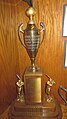 The 1957 Cal baseball NCAA Championship trophy on display at Haas Pavilion in Berkeley, California.