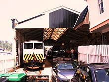 The train shed seen from beyond the end of the tracks