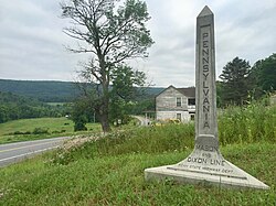 2016-06-25 07 42 17 Pennsylvania State Highway Department marker for the Mason-Dixon Line on northbound U.S. Route 220 (Bedford Road) entering Cumberland Valley Township, Bedford County, Pennsylvania from Allegany County, Maryland.jpg