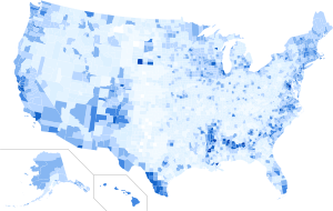 Resultats per comtat, amb matisos en funció del percentatge de vots a Clinton