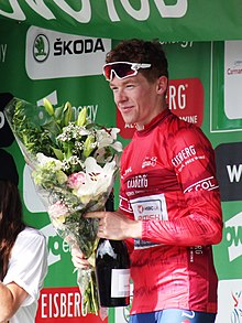 Тур Британии 2018, этап 1 - лидер спринтов Мэтью Босток.JPG