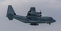 A United States Marine Corps KC-130J, registration number 169535, on final approach at Kadena Air Base in Okinawa, Japan. The aircraft belongs to VMGR-152 at Marine Corps Air Station Iwakuni.