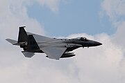 An F-15C Eagle, tail number 86-0159, taking off from RAF Lakenheath in England. The aircraft was assigned to the 493rd Fighter Squadron.