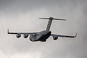 A Boeing C-17 Globemaster III, tail number 95-0103, taking off from RAF Mildenhall in the United Kingdom. It is assigned to the 62nd Airlift Wing and the 446th Airlift Wing at Joint Base Lewis McChord in Washington, USA.