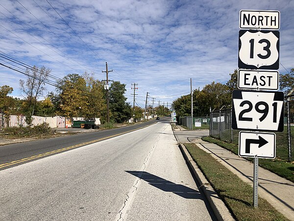 US 13 northbound approaching PA 291 and US 13 Business in Trainer