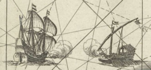 A native galley engaging a Dutch galleon, west of the island of Ternate. A galley engaging a galleon Kaart van enige eilanden van de Molukken Moluccae insulae celeberrimae.png