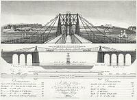 An early plan for the chain bridge over the Menai Strait near Bangor, Wales, completed in 1826 A plan & view of a chain bridge - erecting over the menai at Bangor Ferry 1820.jpeg