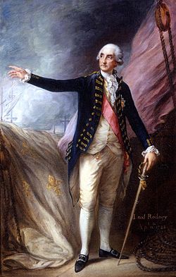 אדמירל רודני לאחר קרב הקדושים, 1782, מאת תומס גיינסבורו. מאחור נמצא סמל הצי הצרפתי פלר דה ליס מהספינה שנלכדה "ויל דה פארי".