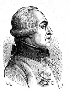 Black and white print of a man in profile wearing a coat with an award pinned to the breast. His hair is worn with curls at the ears in late 18th century style.