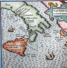 Aeaea, the island of Circe, located south of Rome with the Islands of the Sirens closeby.jpg
