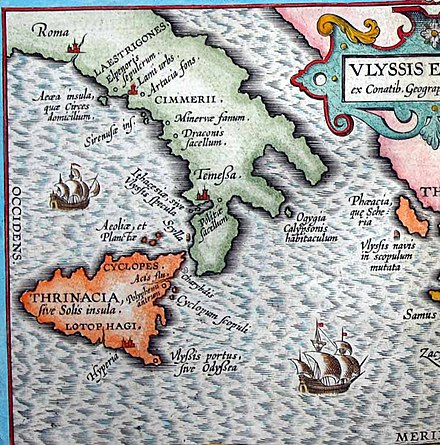 Map of Italy with Aeaea marked south of Rome (Abraham Ortelius, 1624)