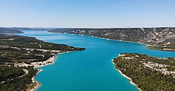 Lake of Sainte-Croix seen from the outlet of the Verdon Gorge