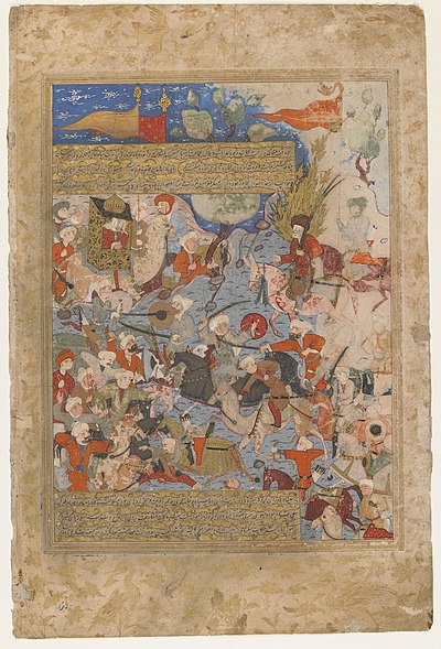 Ali i A'isza podczas Bitwy Wielbłądziej. Ilustracja do rękopisu Rawdat as-Safa Mirchonda, Sziraz, 1571-1572. Zbiory Freer and Sackler Galleries w Waszyngtonie[24]