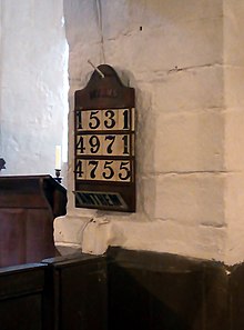 A small area of very old masonry that survives where the two aisles of All Saints' Church meet, showing Norman moulding and evidence an early 12th century origin for the chapel. All Saints Dale Abbey oldest masonry.jpg