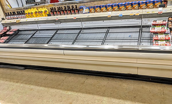 An almost empty meat counter at a California supermarket during the pandemic Almost empty meat counter.jpg