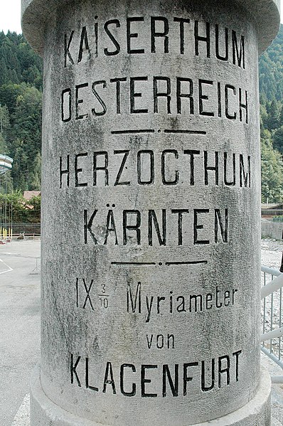 Stone marking the Austro-Hungarian/Italian border at Pontebba displaying myriametres, a unit of 10 km used in Central Europe in the 19th century (but 