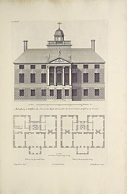 The 1661 house, from the 1725 volume of Vitruvius Britannicus; attributed there to Inigo Jones, now credited to John Webb Amesbury mansion, 1661, from Vitruvius Britannicus.jpg