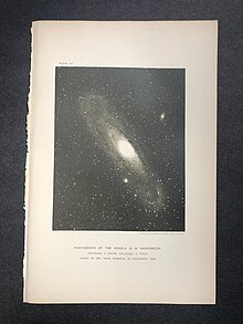 The earliest known photograph of the Great Andromeda "Nebula" (with M110 to the upper right), by Isaac Roberts (29 December 1888) Andromeda Nebula - Isaac Roberts, 29 December 1888.jpg