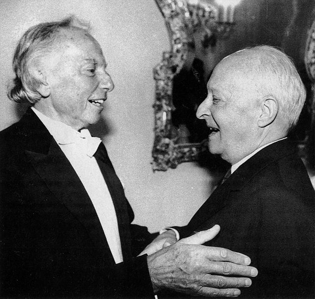 Lutosławski (right) greets his old friend Andrzej Panufnik (left) in 1990.