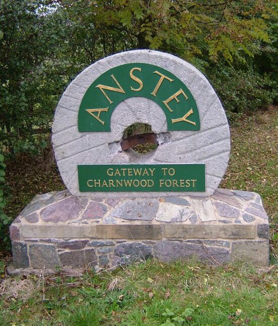 'Anstey - Gateway to Charnwood Forest' sign seen on entering the village