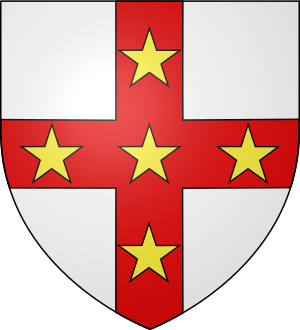 Arms of John Ap Adam: Argent, on a cross gules, five mullets or. Arms of John Ap Adam (d.1311).svg