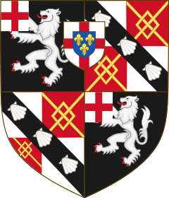 Quarterly 1st and 4th Sable a lion rampant on a canton Argent a cross Gules; 2nd and 3rd quarterly Argent and Gules in the 2nd and 3rd quarters a fret Or overall on a bend Sable three escallops of the first and as an augmentation in chief an inescutcheon, Argent a cross Gules and thereon an inescutcheon Azure, three fleurs-de-lis Or. Arms of Churchill.[8]
