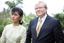 Rudd meeting with Myanmar opposition leader Aung San Suu Kyi in July 2011 Aung San Suu Kyi and Kevin Rudd.jpg