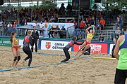 Deutsch: Beachhandball Europameisterschaften 2019 (Beach handball Euro); Tag 5: 6. Juli 2019 – Frauen, Platzierungsspiel für die Ränge 9–12, Deutschland-Polen 2:1 (22:23, 19:16, 7:6) English: Beach handball Euro; Day 5: 6 July 2019 – Placement Match/Cross Match for rank 9–12 Women – Germany-Poland 2:1 (22:23, 19:16, 7:6)