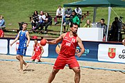 Deutsch: Beachhandball Europameisterschaften 2019 (Beach handball Euro); Tag 6: 7. Juli 2019 – Platzierungsspiele Rang 13-16 Männer, Rumänien-Serbien 2:0 (21:18, 22:20) English: Beach handball Euro; Day 6: 7 July 2019 – Placement Match 13–16 Men – Romania-Serbia 2:0 (21:18, 22:20)