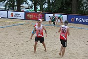 Deutsch: Beachhandball Europameisterschaften 2019 (Beach handball Euro); Tag 2: 3. Juli 2019 – Männer, Vorrunde Gruppe C, Nordmazedonien-Schweiz 0:2 (13:22, 18:19) English: Beach handball Euro; Day 2: 3 July 2019 – Women Preliminary Round Group A – Men Preliminary Round Group C – North Macedonia-Switzerland 0:2 (13:22, 18:19)